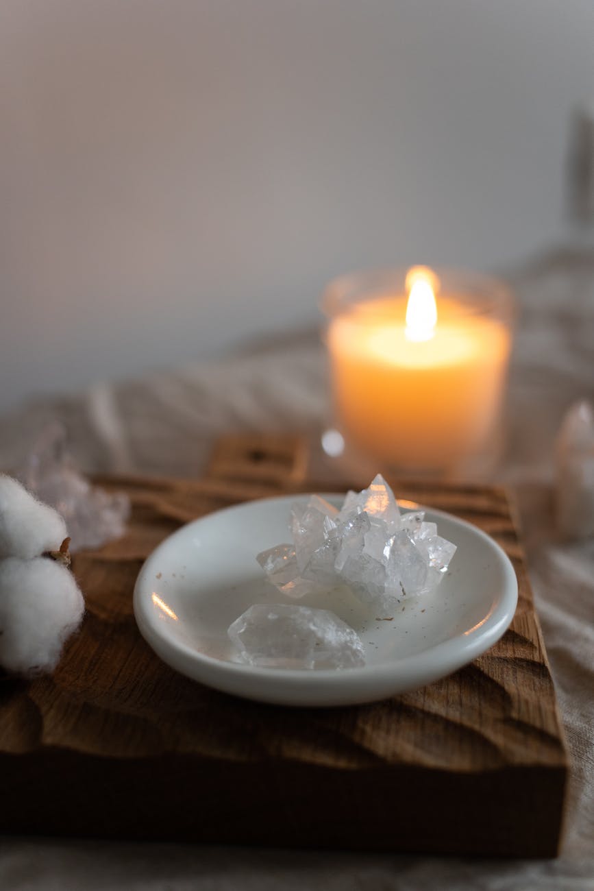 crystals on ceramic saucer