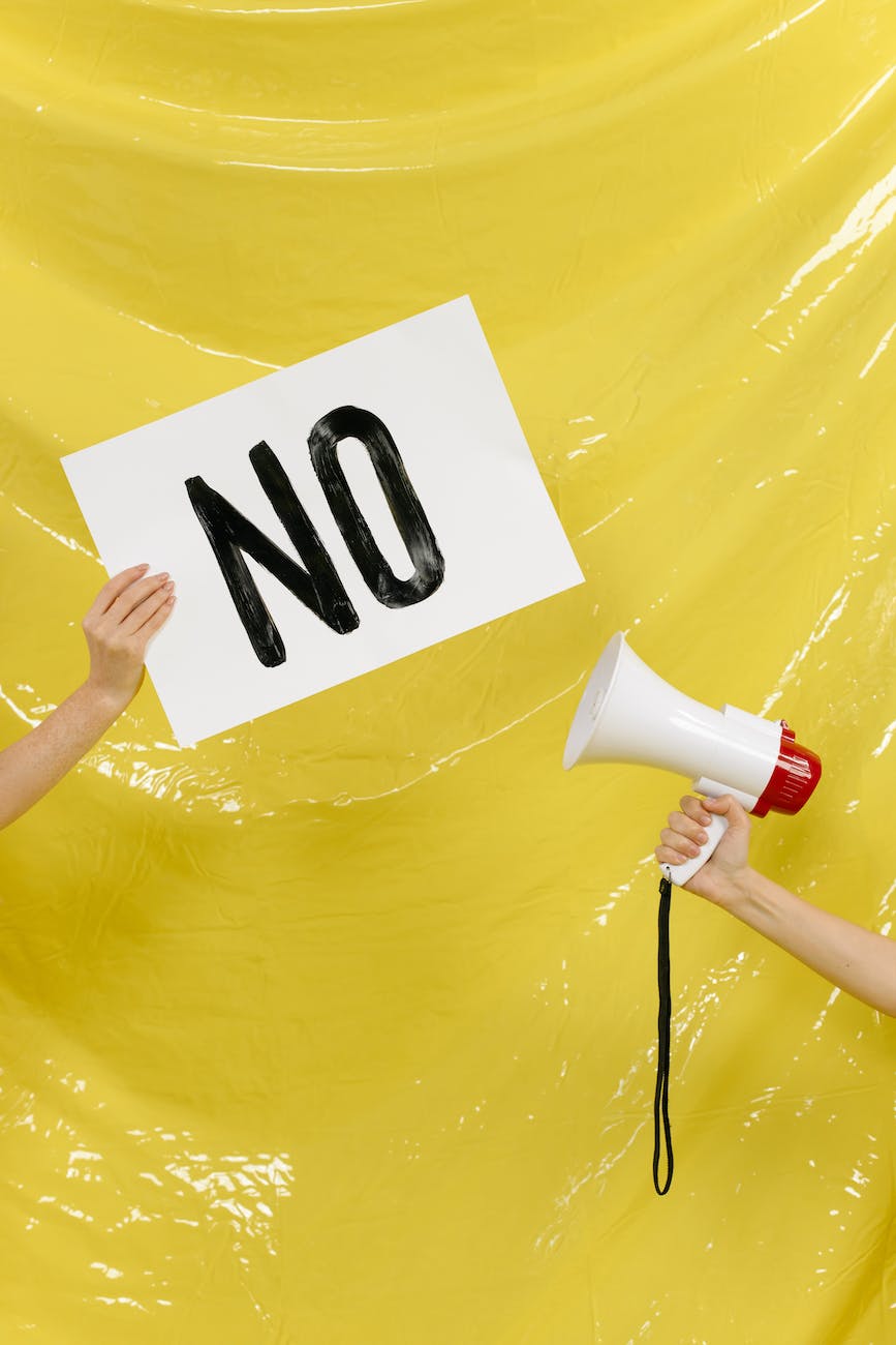 hands holding a placard and a megaphone